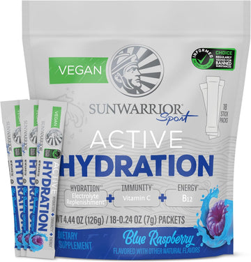 Sunwarrior Hydration Powder Electrolyte Packets Powder | Blue Raspberry Flavored | 18 Stick Packs 126G Pouch | Vegan And Plant-Based Sugar Free | B12 Elderberry And Electrolytes | Active Hydration