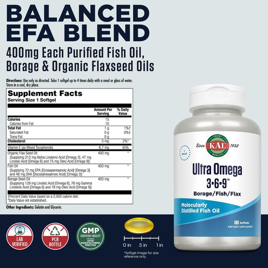 KAL Ultra Omega 3-6-9 1200mg | Fish Oil w/Cold Pressed Flaxseed & Borage Oil | Skin, Hair, Heart, Memory | 100 Softgels