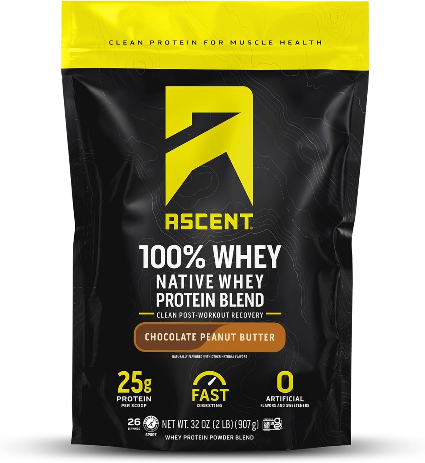 Ascent 100% Whey Protein Powder - Post Workout Whey Protein Isolate, Zero Artificial Flavors & Sweeteners, Gluten Free, 5.5G Bcaa, 2.6G Leucine, Essential Amino Acids, Chocolate Peanut Butter 2 Lb