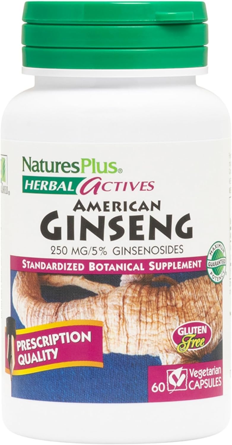 NaturesPlus Herbal Actives American Ginseng - 250 mg, 5% Ginsenosides - 60 Vegan Capsules - Brain Support Supplement, Antioxidant, Anti-Inflammatory - Gluten-Free - 60 Servings