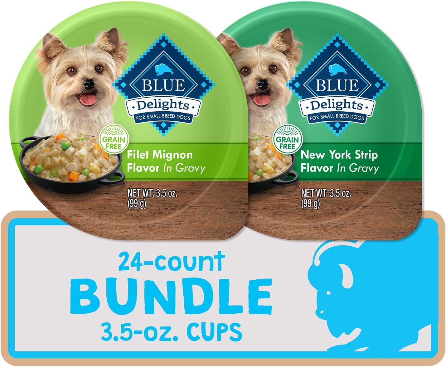 Blue Buffalo Delights Natural Adult Small Breed Wet Dog Food Cups, In Gravy, Filet Mignon & New York Strip 3.5-Oz (24 Count - 12 Of Each Flavor)