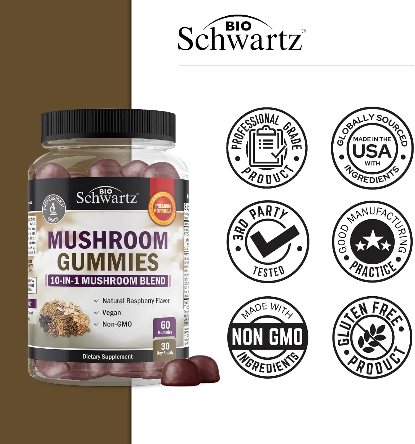 Mushroom Gummies for Adults - 10-in-1 Functional Mushroom Supplement for Mood and Focus with Lions Mane Turkey Tail Cordyceps Shiitake Reishi Mushrooms - Vegan, Non-GMO, Raspberry Flavor, 60 Count : Health & Household