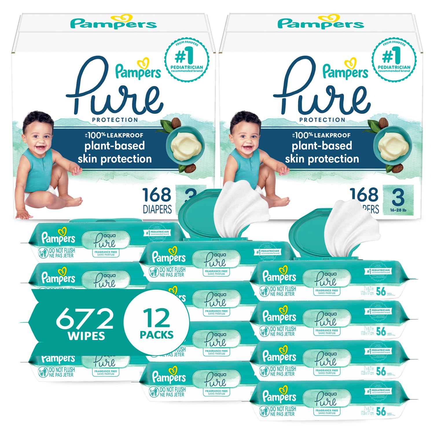 Pampers Pure Protection Disposable Baby Diapers Size 3, 2 Month Supply (2 X 168 Count) With Aqua Pure Sensitive Baby Wipes, 12X Pop-Top Packs (672 Count)