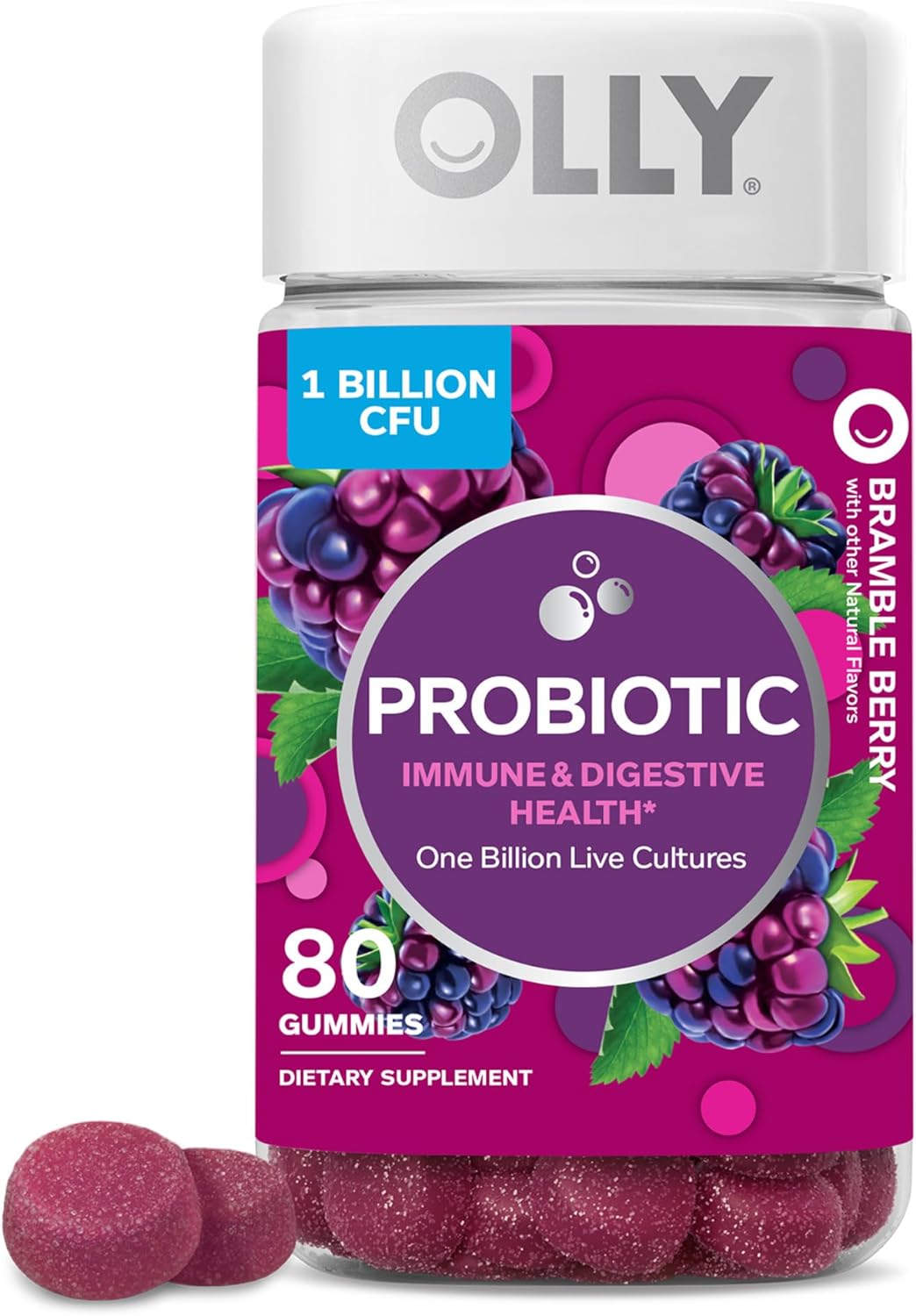 OLLY Probiotic Gummy, Immune and Digestive Support, 1 Billion CFUs, Chewable Probiotic Supplement, Berry, 40 Day Supply - 80 Count