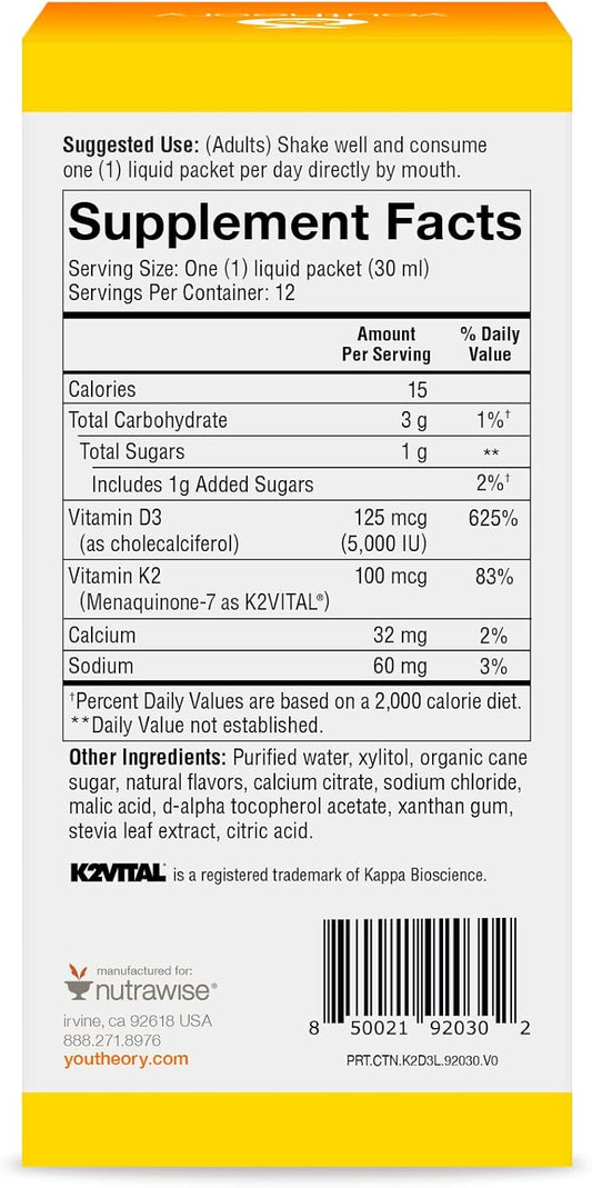 Youtheory K2 and D3 Daily Vitamin Supplement for Calcium Absorption, Bone Strength and Cardiovascular Support, Liq Peach avor, 12 – 1 Single Serving Packets