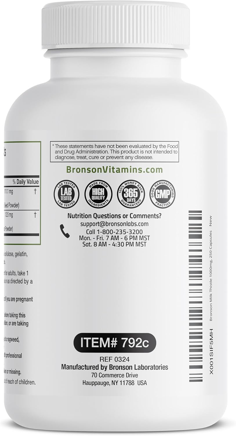 Bronson Milk Thistle Silymarin Marianum & Dandelion Root Liver Health Support, Antioxidant Support, Detox, 250 Capsules : Health & Household