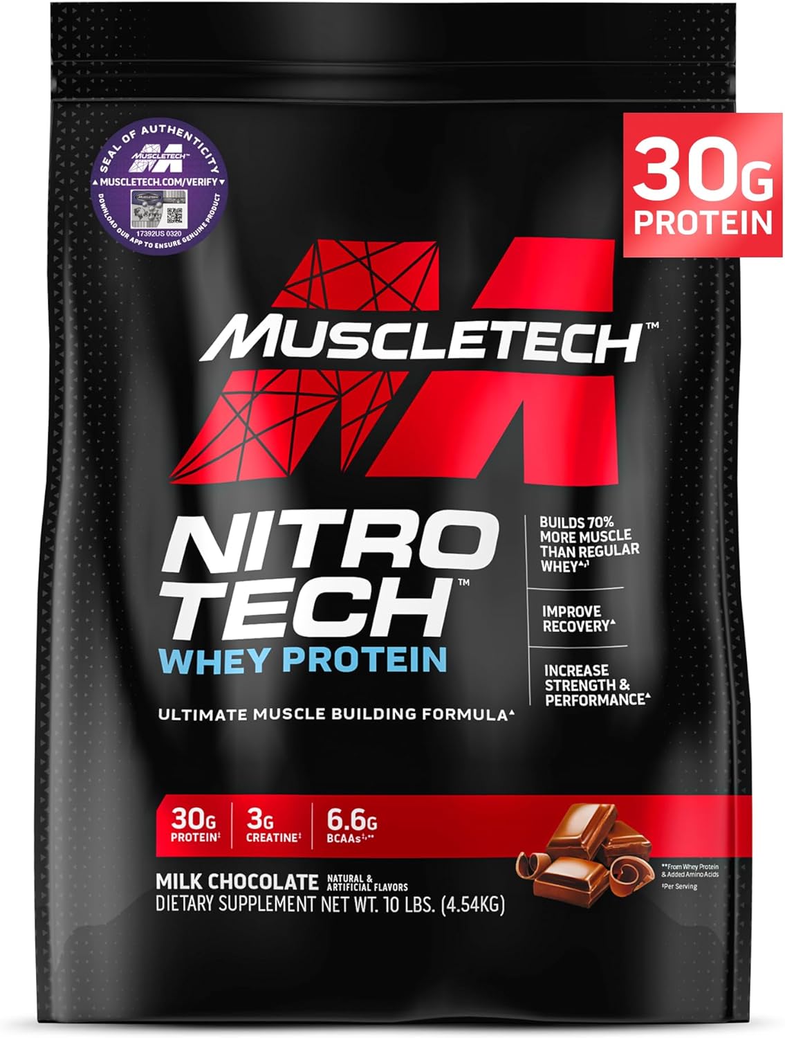 Muscletech Whey Protein Powder (Milk Chocolate, 10 Pound) - Nitro-Tech Muscle Building Formula With Whey Protein Isolate & Peptides - 30G Of Protein, 3G Of Creatine & 6.6G Of Bcaa