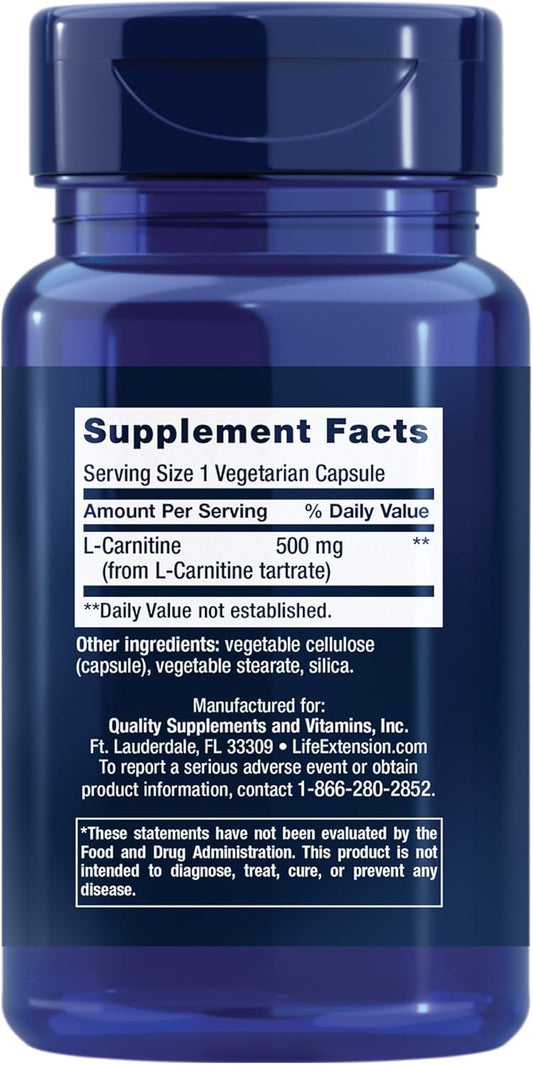 Life Extension L-Carnitine – 500 Mg, Energy Supplement, Memory Supplement – Free Form Amino Acid, Nitric Oxide Support – Gluten-Free, Non-Gmo, Vegetarian – Two Pack - 2 X 30 Capsules