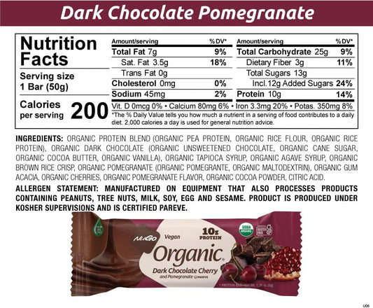 Nugo Organic Dark Chocolate Cherry And Pomegranate, 10G Vegan Protein, Gluten Free, 12 Count