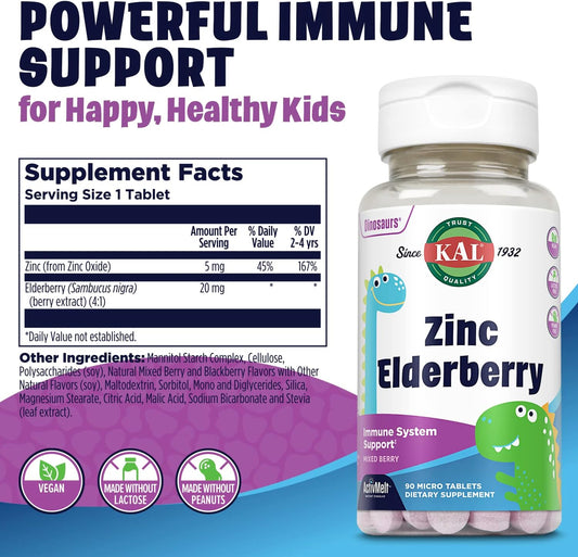 Kal Kids Zinc Elderberry Dinosaurs, Immune Support Supplement* For Children W/ Sambucus Elderberry, Fast Dissolving Mixed Berry Activmelts, Fun, Tasty Dino Shapes, Vegan, 90 Servings, 90 Micro Tablets