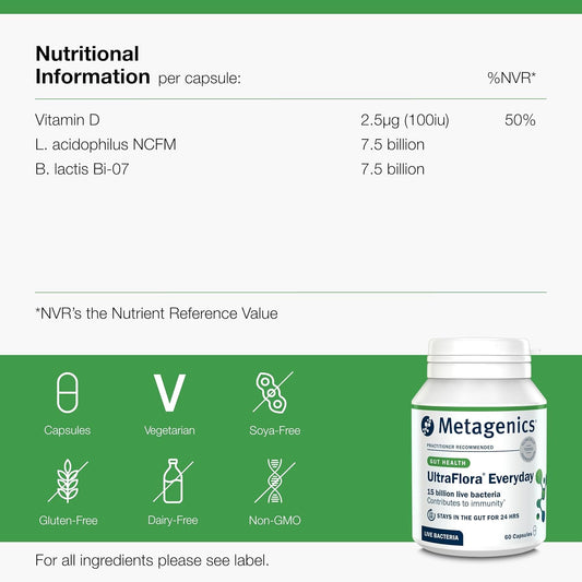Metagenics Ultraflora Everyday Dairy Free Probiotic - 15 Billion Live Bacteria And Vitamin D3 - Supports Gut Health - For Daily Use - 60 Capsules