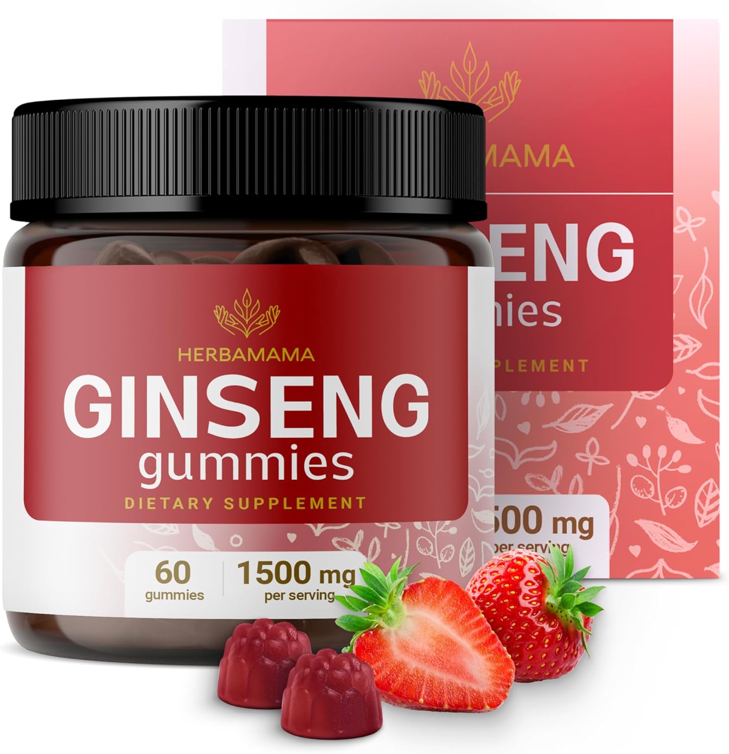 Herbamama Korean Red Ginseng Gummies - 1500 Mg Red Panax Ginseng Root Energy Supplements - Ginseng Supplement For Men And Women - Vegan, Gelatin-Free, Non-Gmo - 60 Strawberry-Flavored Chews