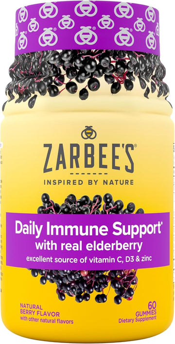 Zarbee'S Elderberry Gummy Daily Immune Support Supplement With Vitamins A, C, D, E & Zinc, Black Elderberry Fruit Extract, Natural Berry Flavor, 60 Count