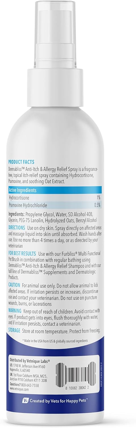 Vetnique Dermabliss Anti Itch Spray For Dogs & Cats With Hydrocortisone For Allergies And Immediate Dog Itching Skin Relief - Fragrance Free With Soothing Oat Extract (8Oz Anti Itch Spray)