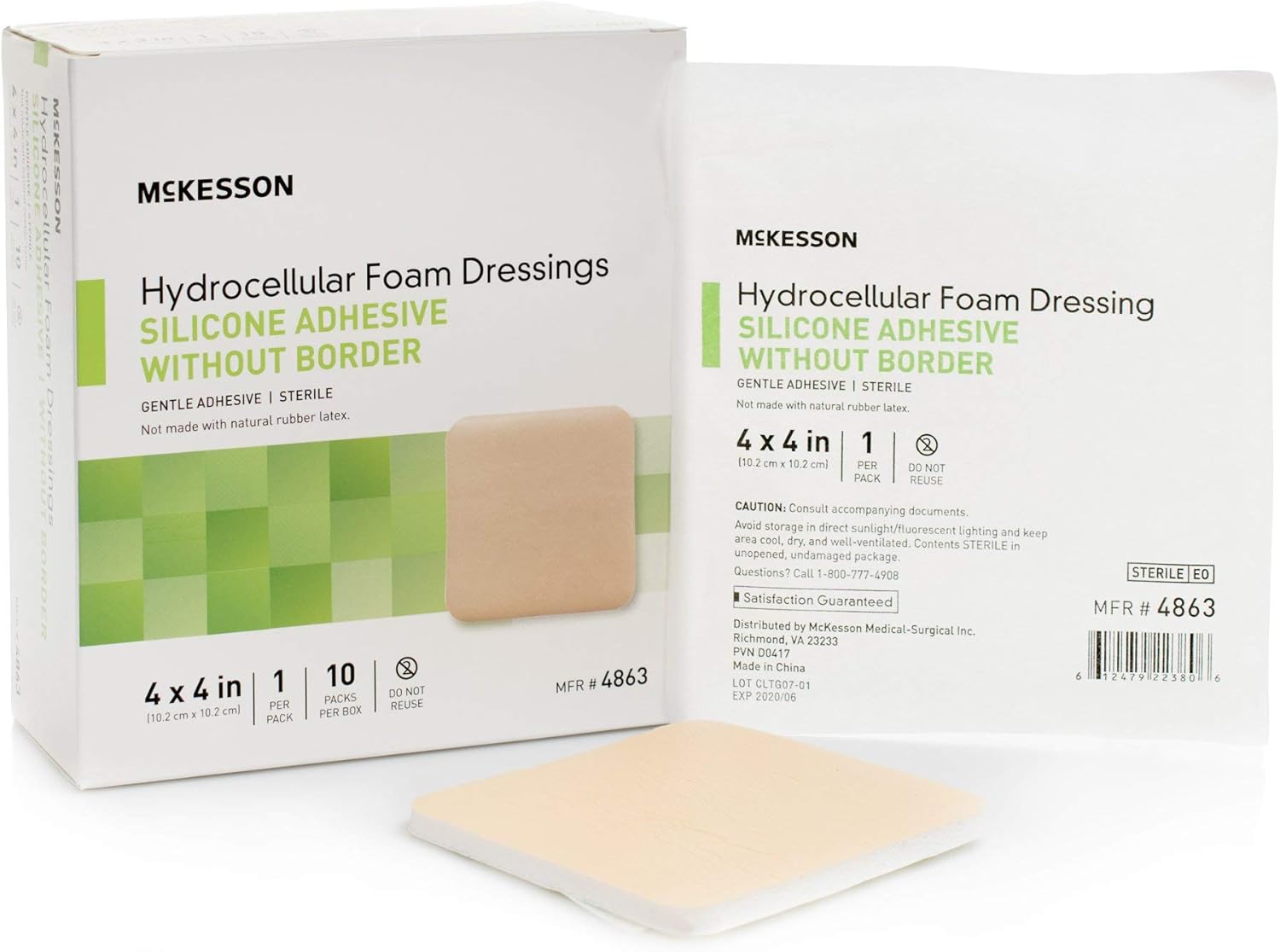 McKesson Hydrocellular Foam Dressings, Sterile, Silicone Adhesive Without Border, 4 in x 4 in, 10 Count, 1 Pack : Health & Household