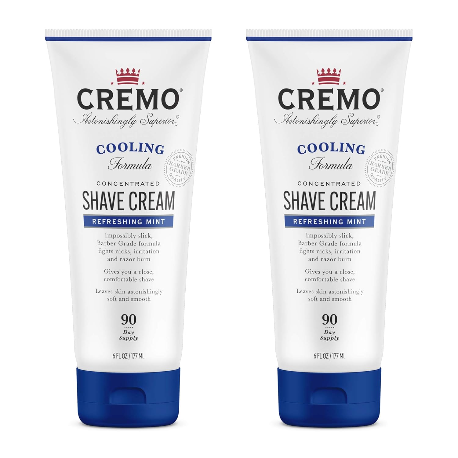 Cremo Barber Grade Cooling Shave Cream, Astonishingly Superior Ultra-Slick Shaving Cream Fights Nicks, Cuts And Razor Burn, 6 Fl Oz (2 Pack), White