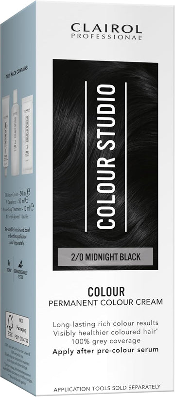 Clairol Colour Studio Permanent Colour Cream | Hair Dye | Long-Lasting Rich Tones | 100% Grey Coverage | Dermatologically Tested Vegan Formula | Hair Colouring Kit | Midnight Black 2/0 | 50Ml