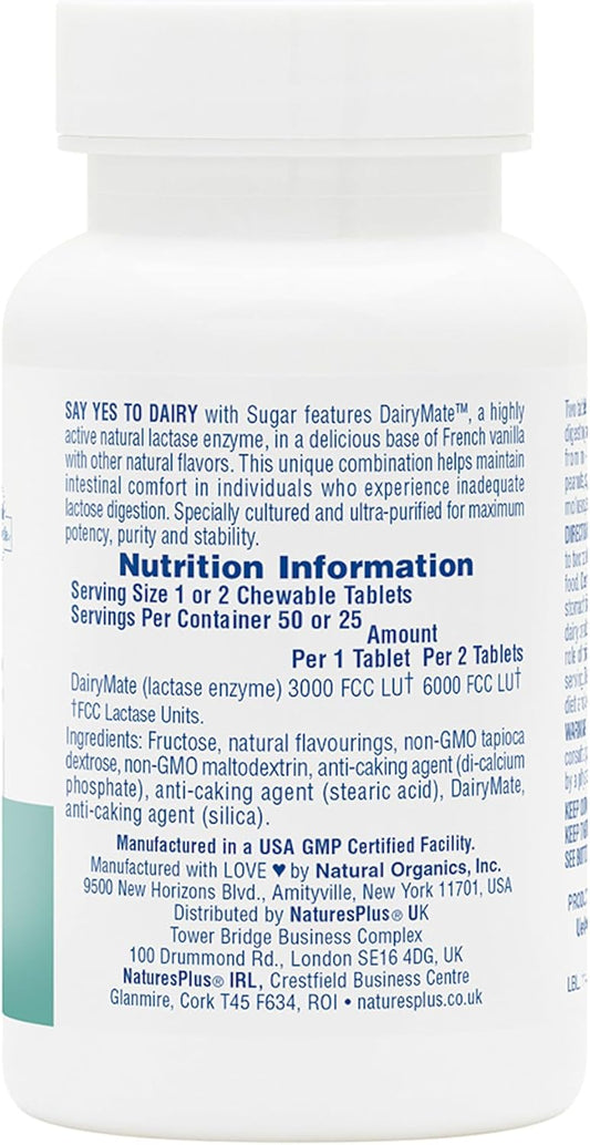 Natures Plus Say Yes To Dairy - 50 Chewable Tablets - Natural Lactase Enzyme Supplement, Maximum Strength Digestive Aid, Lactose Intolerance Relief - Gluten-Free - 50 Servings