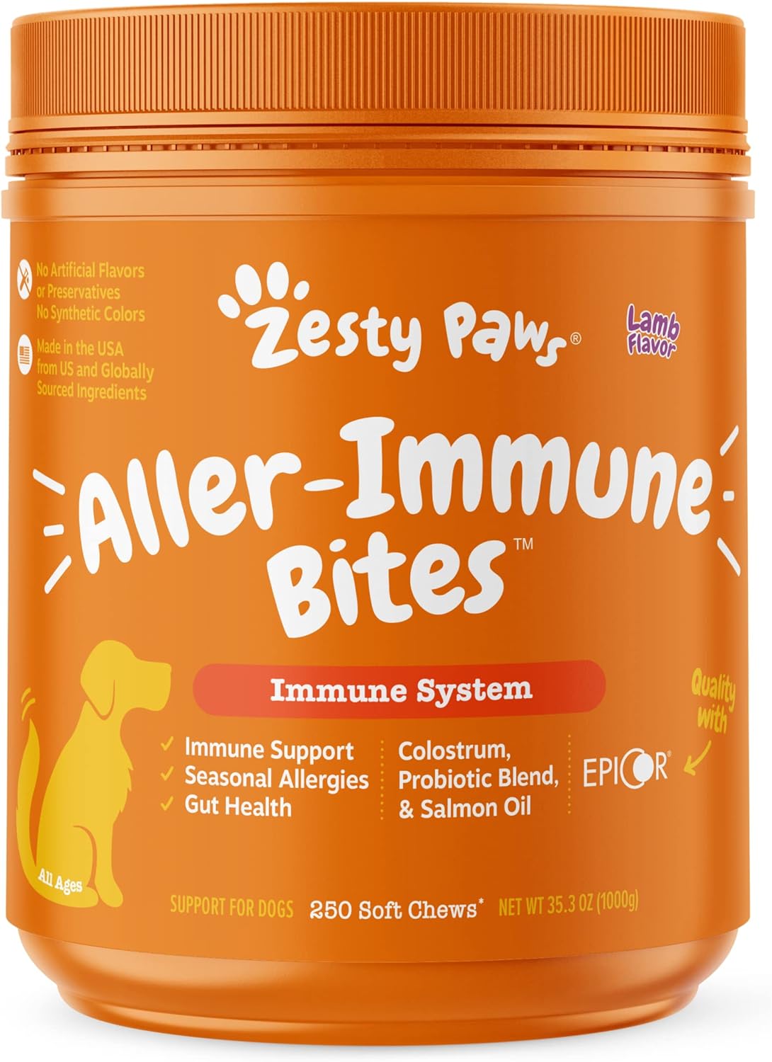 Zesty Paws Dog Allergy Relief - Anti Itch Supplement - Omega 3 Probiotics for Dogs - Digestive Health - Soft Chews for Skin & Seasonal Allergies - with Epicor Pets - Lamb - 250 Count