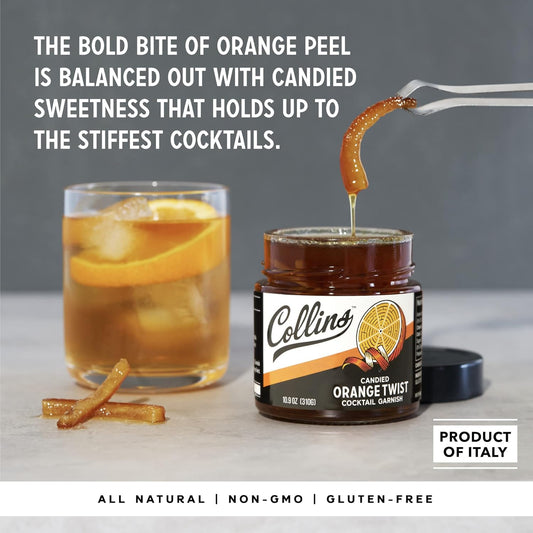 Collins Candied Fruit Orange Peel Twist in Syrup - Popular Cocktail Garnish for Skinny Margarita, Martini, Mojito, Old Fashioned Drinks, Peel for Baking, 10.9oz, Black