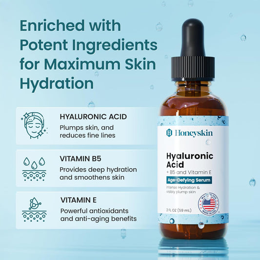 Honeyskin - Hyaluronic Acid Serum For Face With Vitamin E Oil For Skin - Anti-Aging And Hydrating Face, Hydration Moisturizer With B5 - Non-Greasy, Paraben Free, Wrinkle Reducing Serum - (2Oz)