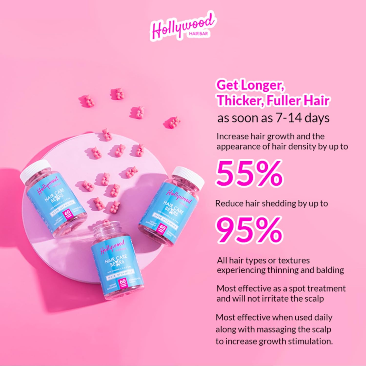 Hollywood Hair Bar Hair Care Bear Gummy Vitamins - for All Hair Types, Vegan and Cruelty Free, (1 Month Supply) 60 Count : Health & Household
