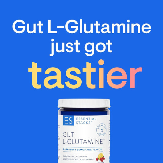 Essential Stacks Gut L-Glutamine Powder Flavored (Raspberry Lemonade) - Made in USA L Glutamine Supplement for Gut Health (50 Servings)