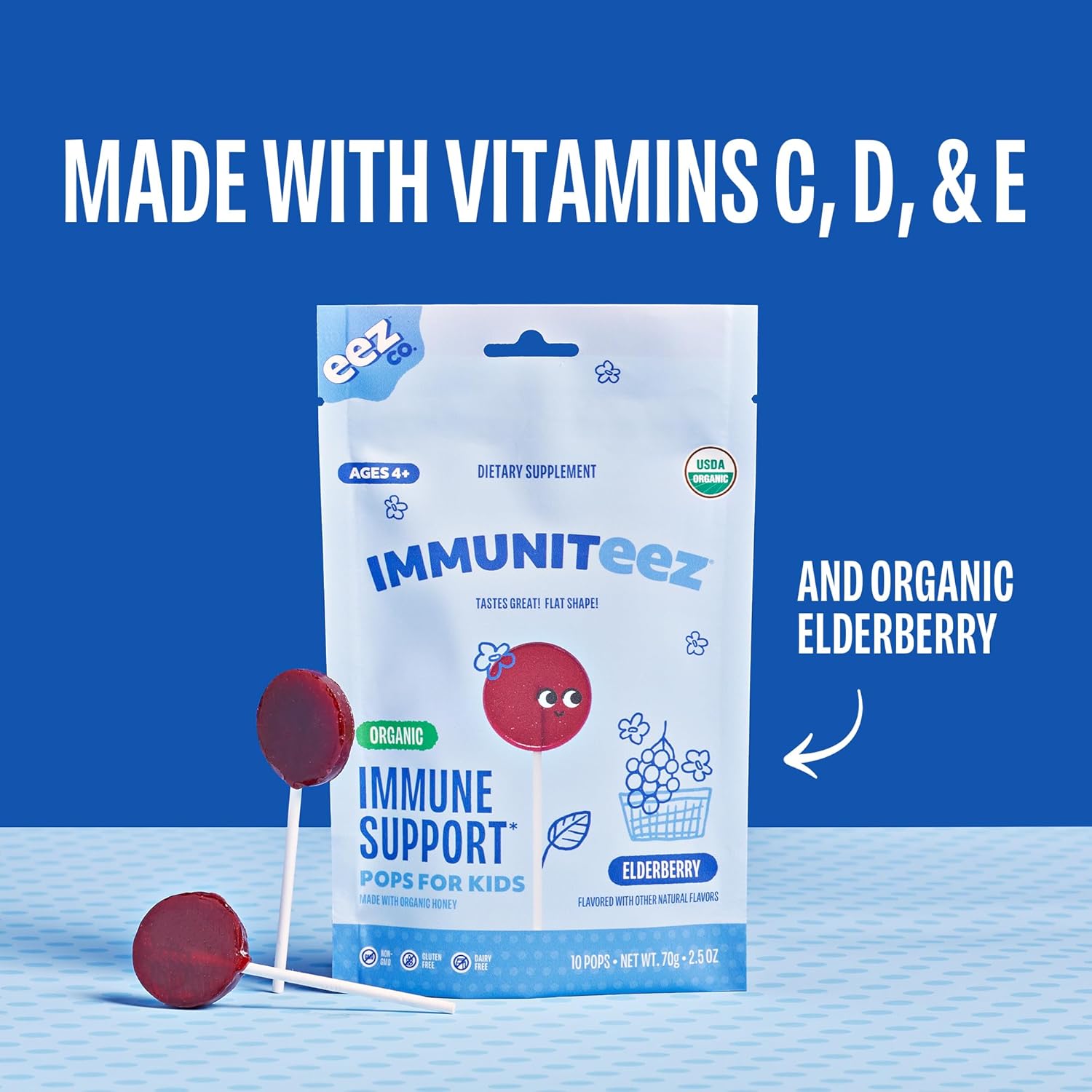 Immuniteez Organic Elderberry Lollipops For Kids - Immune Support With Vitamin C, D, E, Zinc And Organic Honey - Gluten Free Kids Vitamins - 10 Count Bag : Health & Household
