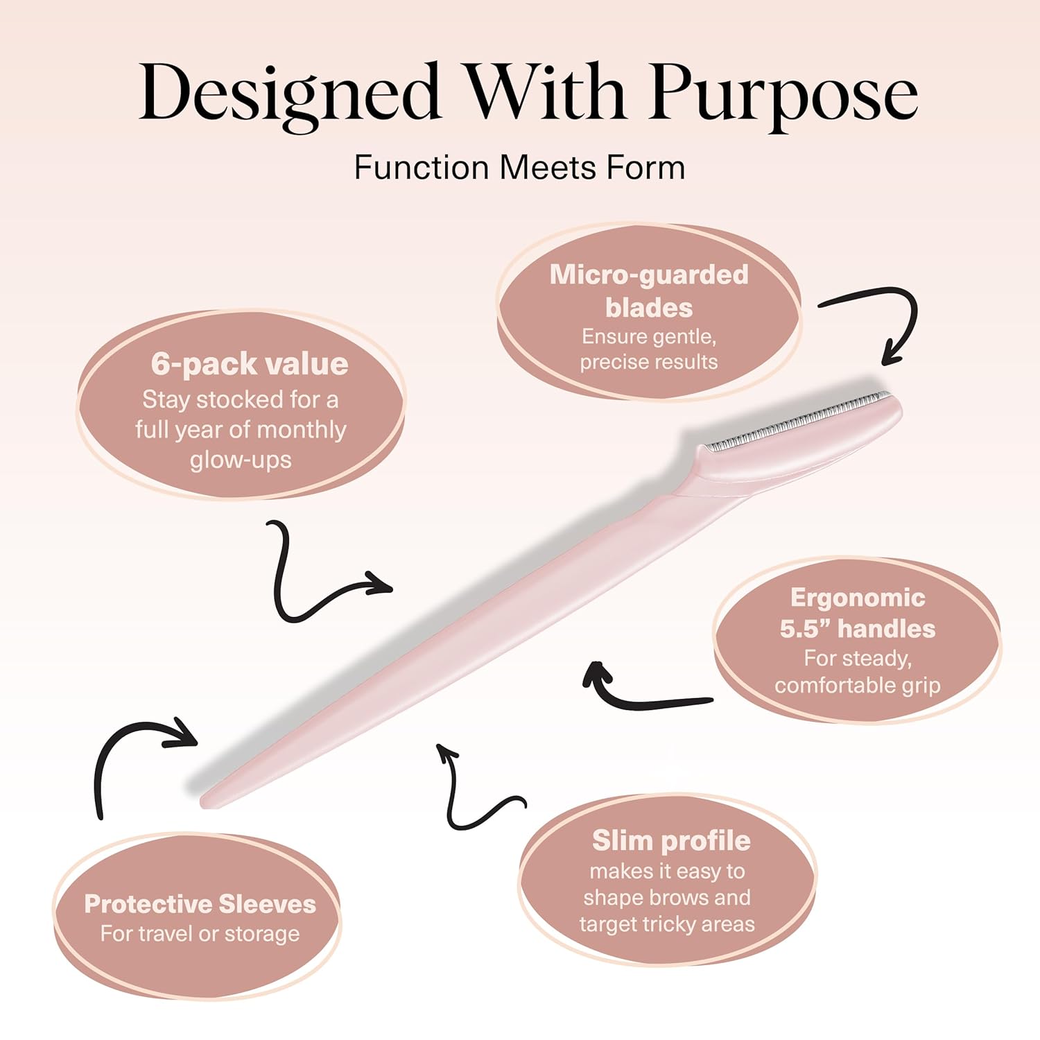 Kitsch Dermaplane Razor For Women Face - Face Razors For Women And Men - Eyebrow Trimmer, Shaver, Recycled Plastic Dermaplaning And Skin Care Tool - Blush, 6 Pcs : Beauty & Personal Care