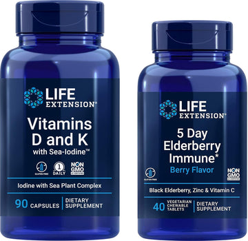 Life Extension Vitamins D And K With Sea-Iodine, 90 Capsules And 5 Day Elderberry Immune Berry Avor, 40 Chew Tablets - Bundle Pack