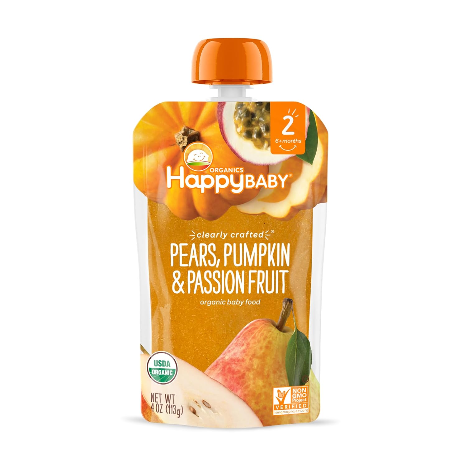 Happy Baby Organics Stage 2 Baby Food Pouches, Gluten Free, Vegan & Healthy Snack, Clearly Crafted Fruit & Veggie Puree, Pears, Pumpkin & Passion Fruit, 4 Ounces (Pack of 16) : Everything Else