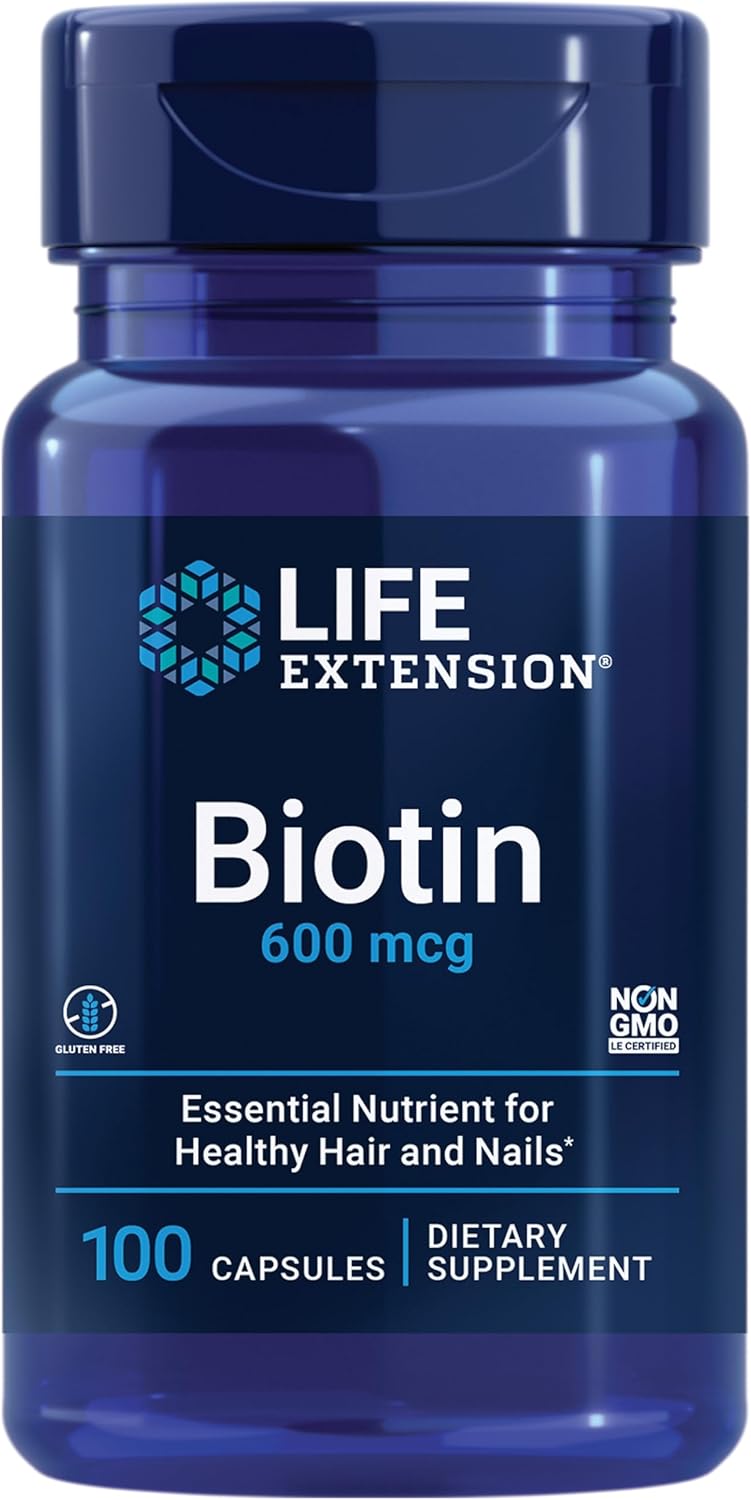 Life Extension Biotin 600 Mcg Vitamin B7 Support Supplement For Beautiful Hair, Nails & Beyond – Gluten-Free, Non-Gmo - 100 Capsules