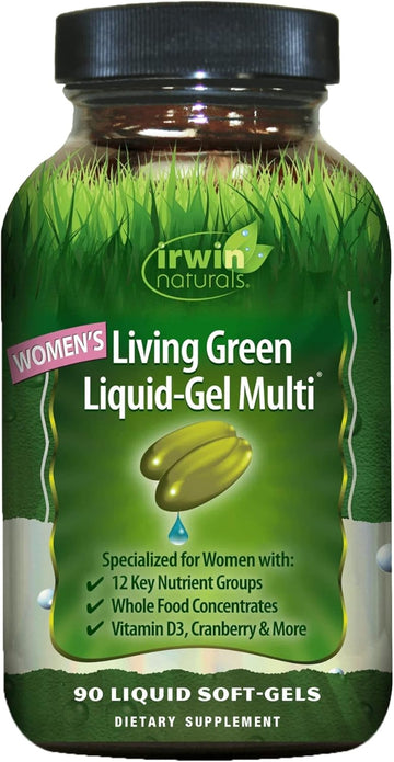Irwin Naturals Women'S Living Green Liquid-Gel Multi Vitamin - 70 Essential Nutrients, Full-Spectrum Vitamins, Wholefood Blend - Targeted Adrenal & Brain Support - 90 Liquid Softgels