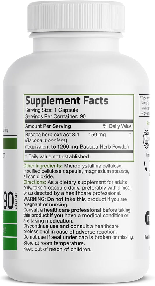 Bronson Bacopa (1200mg Equivalent from 8:1 Extract) Supports Healthy Brain Function and Mental Performance, Traditional Herb, Non-GMO, 90 Vegetarian Capsules