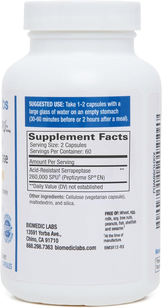 Serra-RX 260,000 SU Serrapeptase - Acid-Resistant Proteolytic Systemic Enzyme, Non-GMO, Gluten Free, Vegan, Supports Sinus, Immune & Lung Health, 120 Veg Capsules