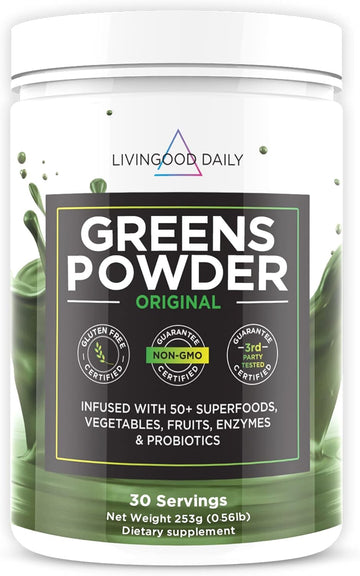 Livingood Daily Greens, Original - Super Greens Powder for Gut Health - Green Blend Superfood with Spirulina, Chlorella, Veggie, Fruits, Herbs, Prebiotics & Enzymes - Smoothie Mix - 30 Servings