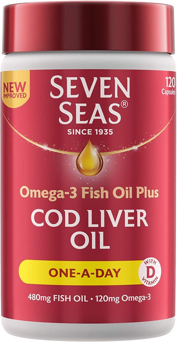 Seven Seas Cod Liver Oil Tablets With Omega-3, Fish Oil, One A Day, 4 Months Supply (120 Capsules), Epa & Dha, With High Strength Vitamin D & A
