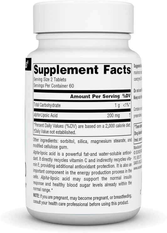 Source Naturals Alpha Lipoic Acid Supports Healthy Sugar Metabolism, Liver Function & Energy Generation* - 100 mg - 120 Tablets