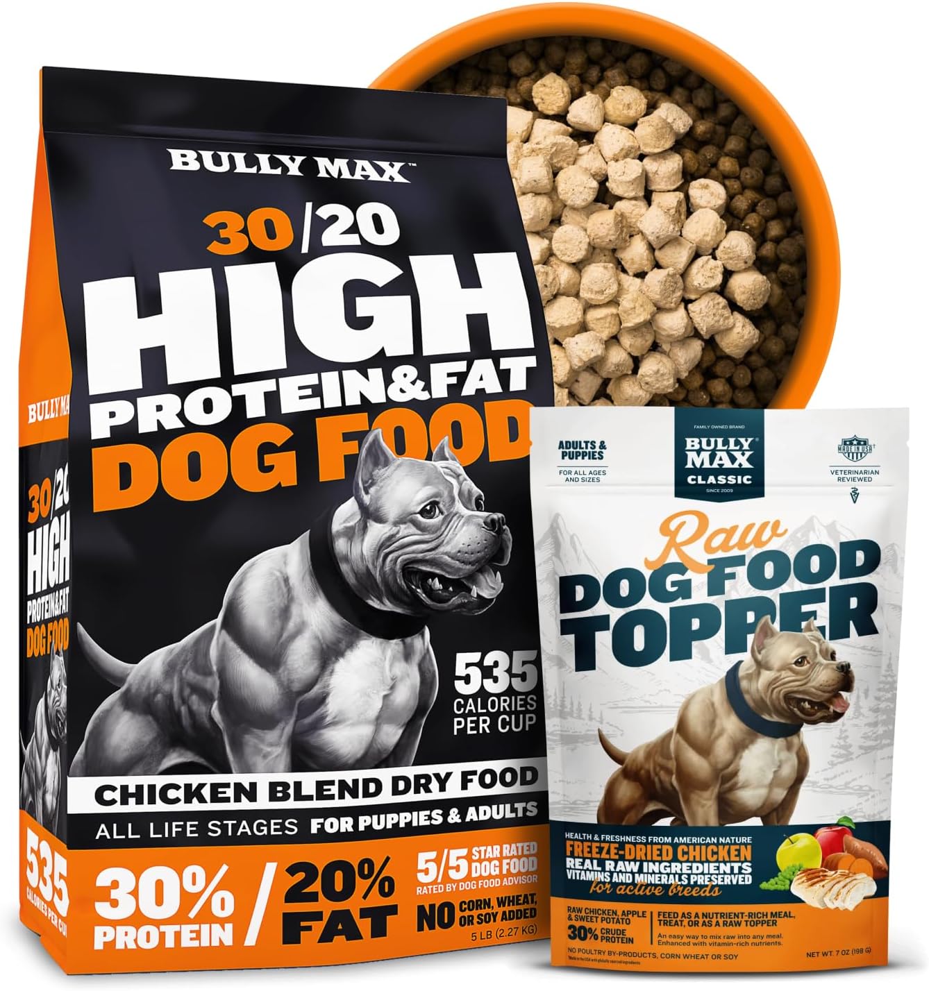 Bully Max High Performance Premium Dry Dog Food 15 lbs & Freeze-Dried Raw Dog Food Chicken Toppers (2 Bags) - Ultimate Muscle Gain Canine Nutrition Bundle for Small & Large Breed Puppies & Adult Dogs