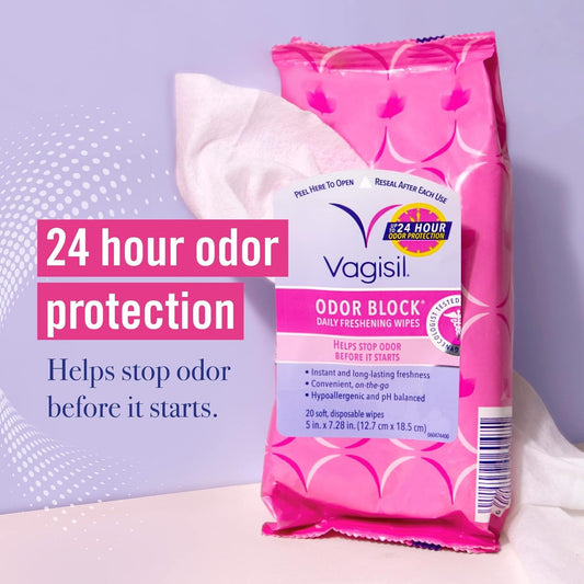 Vagisil Odor Block Daily Freshening Wipes For Feminine Hygiene In Resealable Pouch, Gynecologist Tested & Hypoallergenic, 20 Wipes (Pack Of 3)