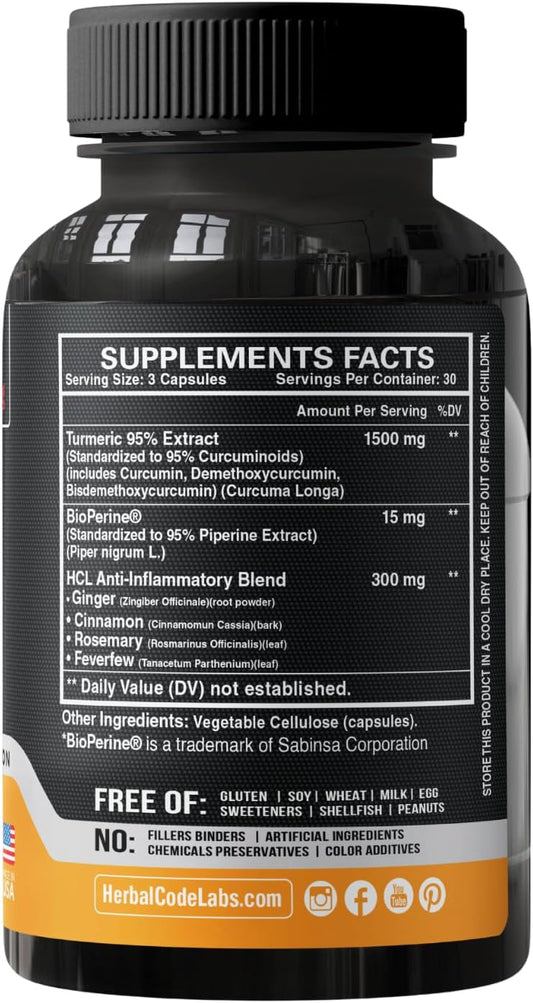 Turmeric Curcumin Supplement 19X Stronger -1500 Mg Of 95% Curcuminoids Extract Capsules -Most Active Form Of Curcumin With Bioperine Ginger Cinnamon – Best Natural Joint Support Powder Pills