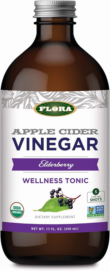 Flora - Apple Cider Vinegar - Elderberry, Wellness Tonic, Non Gmo Dietary Supplement, Contains Five 100Ml Shots, 17-Fl. Oz. Glass Bottle