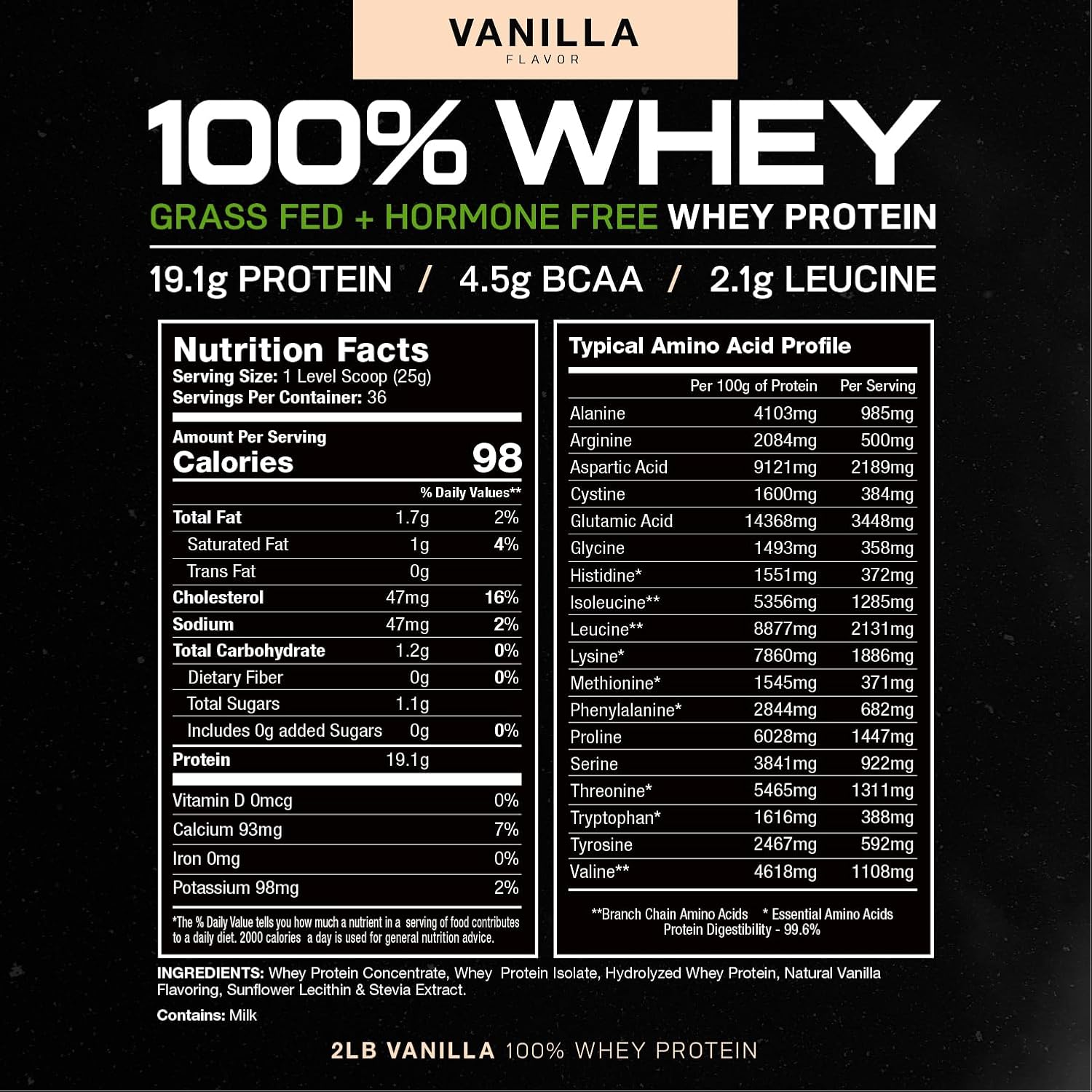 Muscle Feast 100% Grass-Fed Whey Protein, Pastured Raised Hormone Free All Natural, Vanilla, 2lb : Health & Household