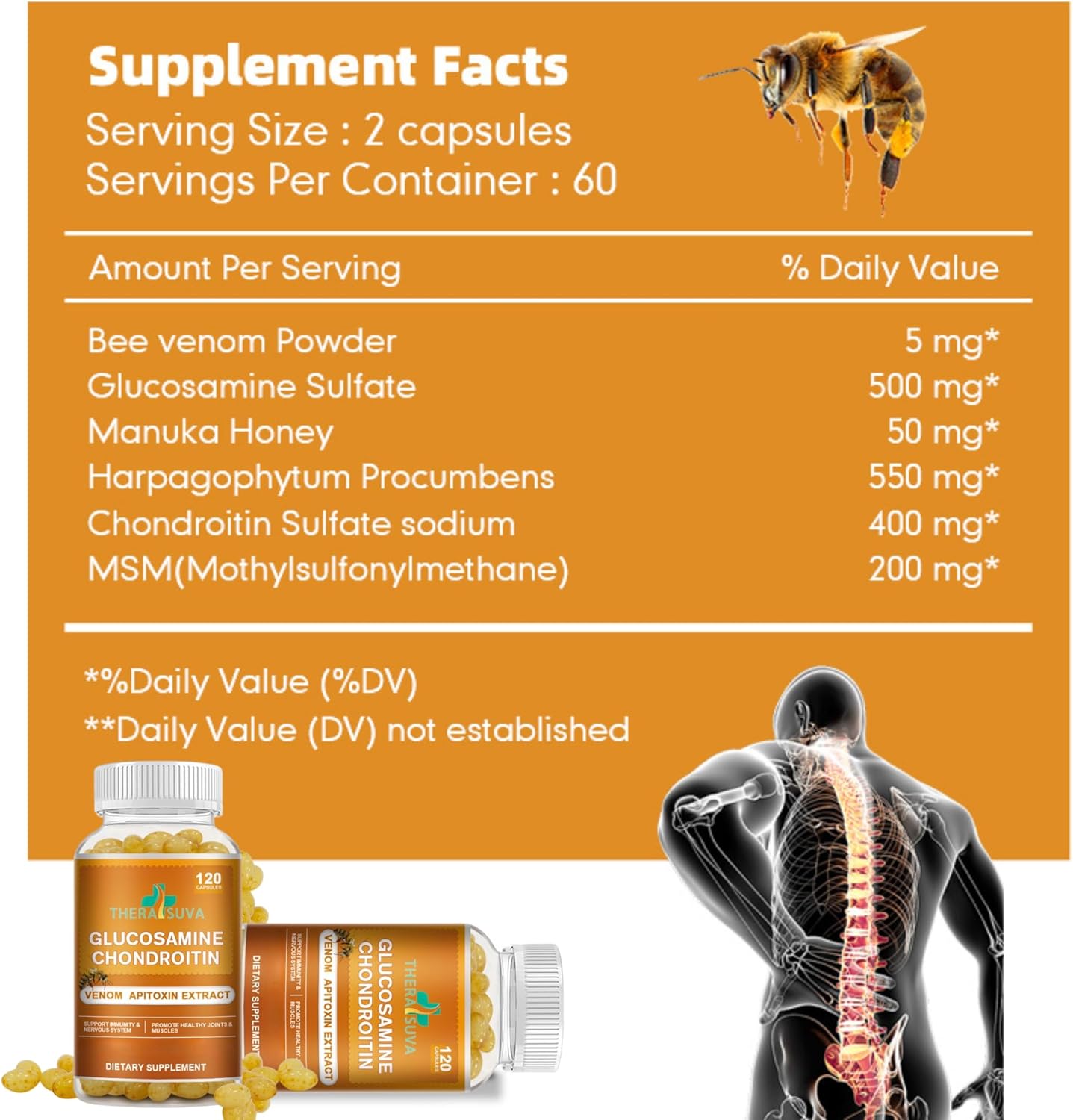 Glucosamine Chondroitin Complex, Made With Raw Honey & Bee Venom, Natural Supplement For Joint Support & Immune Health, 120 Capsules, 60 Day Supply : Health & Household