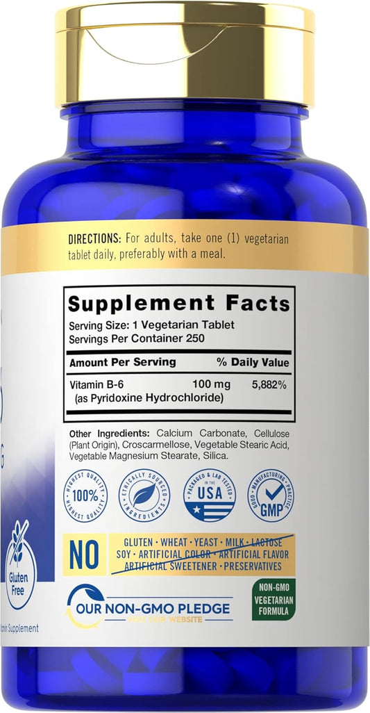 Carlyle Vitamin B6 100Mg | 250 Tablets | Pyridoxine Hydrochloride Supplement | Vegetarian, Non-Gmo, Gluten Free