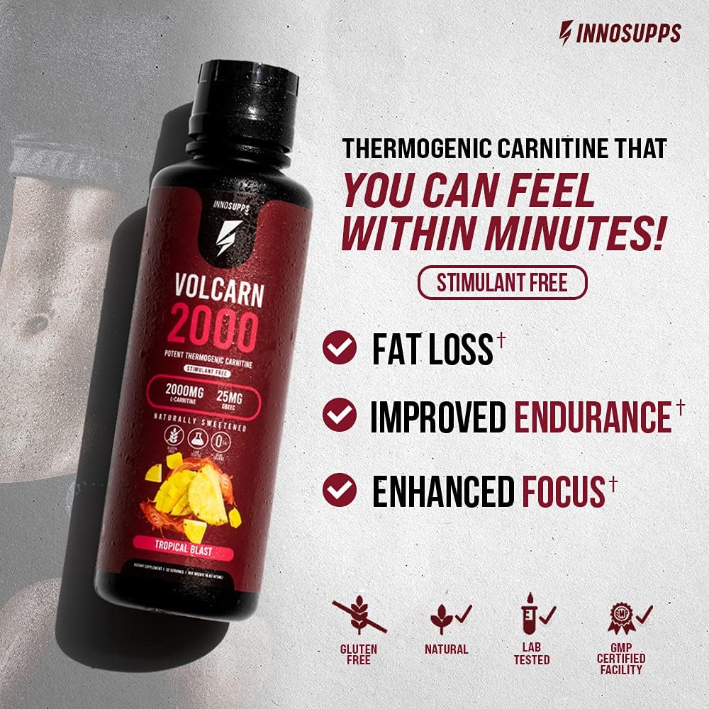 Innosupps Volcarn 2000 - L-Carnitine Advanced Energy Liquid | Atp Enhancer With Gbeec | Boosts Energy, Enhances Focus, Caffeine Free, No Artificial Sweeteners | 32 Servings (Lemon Lime) : Health & Household