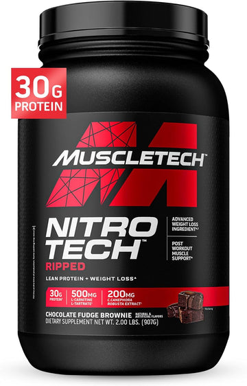 Muscletech Whey Protein Powder (Chocolate Fudge Brownie, 2Lb) - Nitro-Tech Ripped Whey Protein Isolate & Peptides Smoothie Mix For Lean Muscle & Fast Recovery - 30G Of Whey Protein For Women & Men