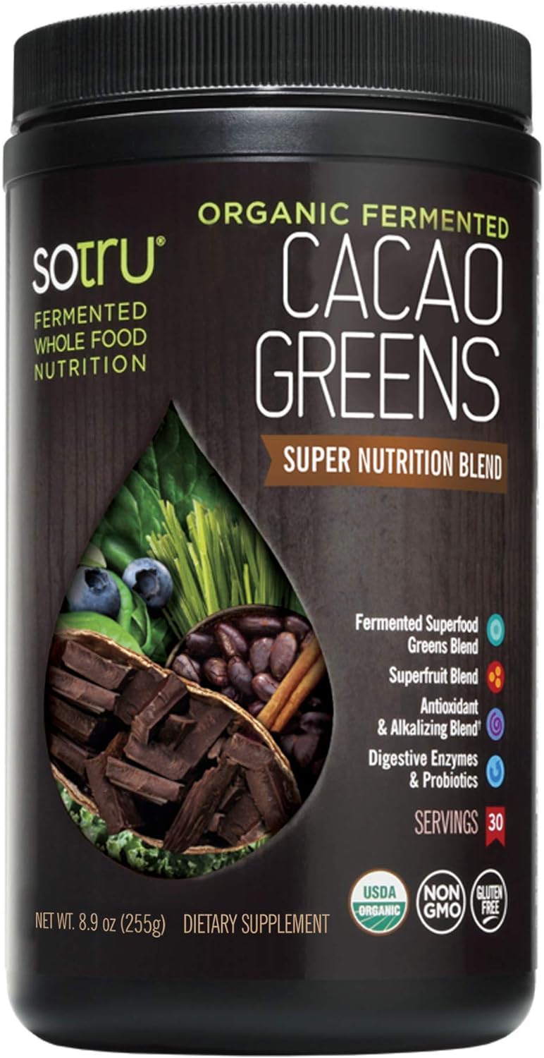 Raw Organic Cacao Powder & Super Greens - Fermented Superfood Blend with Digestive Enzymes, Prebiotic Fiber & Antioxidants - Organic, Non-GMO, Gluten Free, Vegan - Chocolate, 30 Servings, 8.47oz