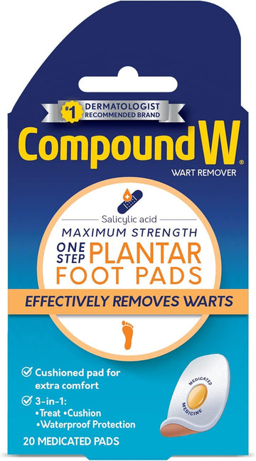 Compound W Maximum Strength One Step Plantar Wart Remover Foot Pads, 20 Count