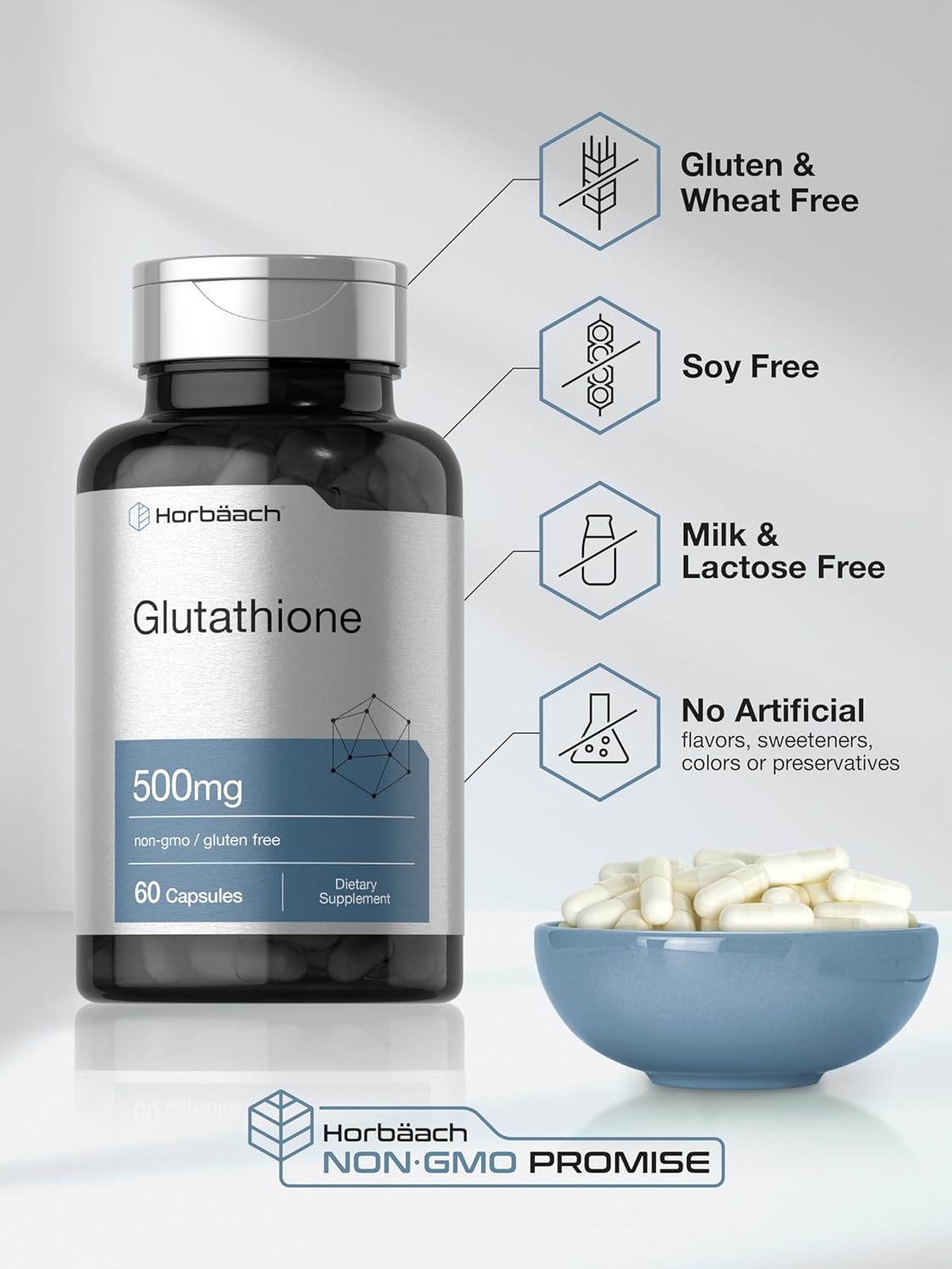 Horbäach Glutathione 500mg Reduced Supplement | 60 Capsules | Non-GMO & Gluten Free : Health & Household